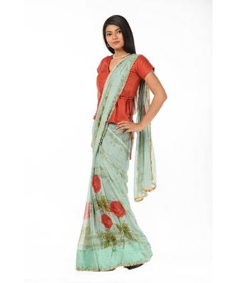 Green printed chiffon magic Wrap in 1 Minute saree 1
