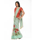 Green printed chiffon magic Wrap in 1 Minute saree