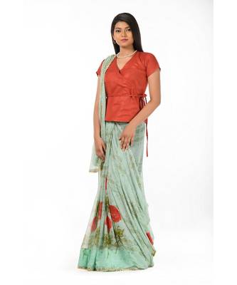 Green printed chiffon magic Wrap in 1 Minute saree 2