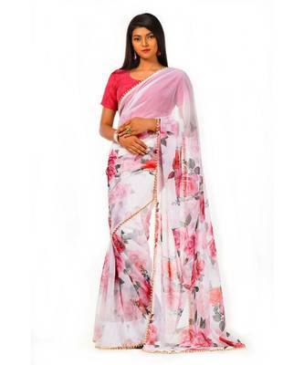 white and pink goergette digital print with moti lace Wrap in 1 Minute saree 1