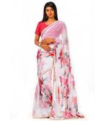 white and pink goergette digital print with moti lace Wrap in 1 Minute saree