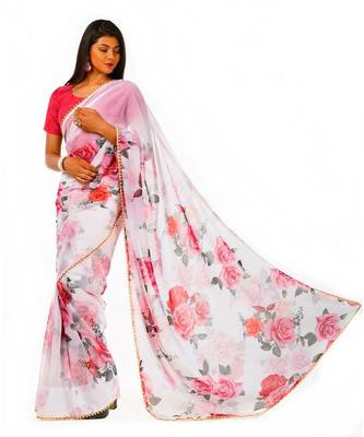 white and pink goergette digital print with moti lace Wrap in 1 Minute saree 2