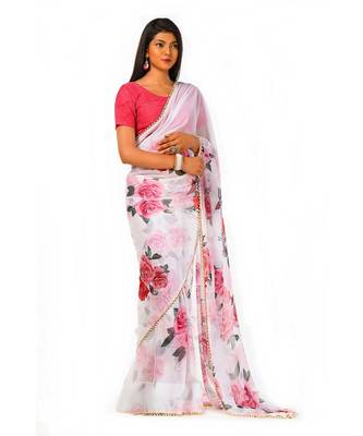 white and pink goergette digital print with moti lace Wrap in 1 Minute saree 3