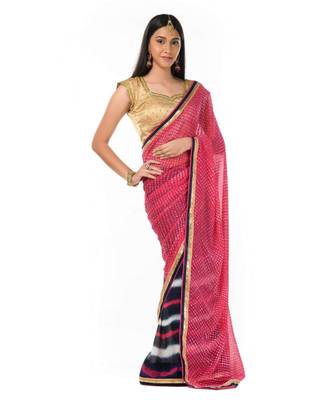 Dark pink and navy blue leheriya printed half n half Wrap in 1 Minute saree 1