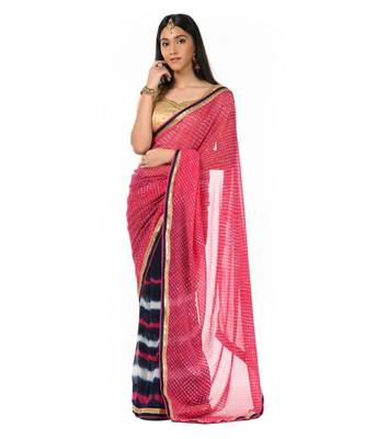 Dark pink and navy blue leheriya printed half n half Wrap in 1 Minute saree 2