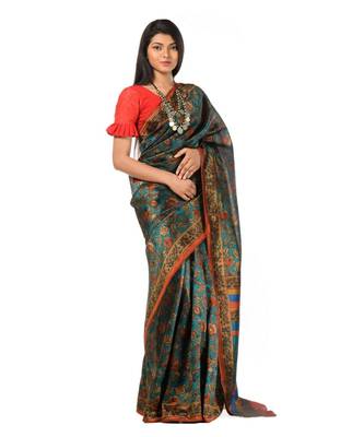 Dark green banarasi printed magic Wrap in 1 Minute saree 3