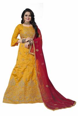 Yellow Embroidered Silk Semi Stitched Lehenga 1