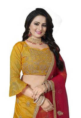 Yellow Embroidered Silk Semi Stitched Lehenga 4