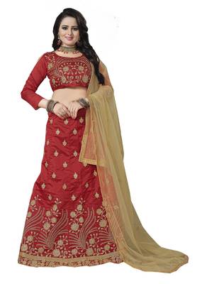 Red Embroidered Art Silk Semi Stitched Lehenga 1