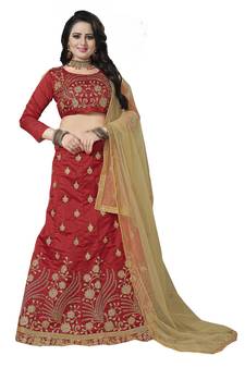 Red Embroidered Art Silk Semi Stitched Lehenga