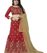 Red Embroidered Art Silk Semi Stitched Lehenga