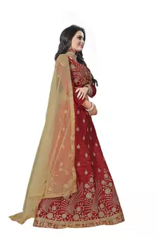 Red Embroidered Art Silk Semi Stitched Lehenga
