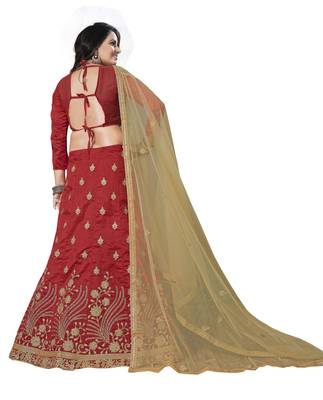 Red Embroidered Art Silk Semi Stitched Lehenga 3