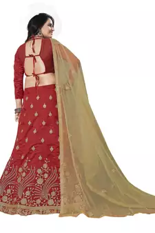 Red Embroidered Art Silk Semi Stitched Lehenga