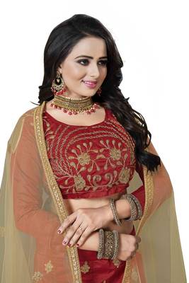 Red Embroidered Art Silk Semi Stitched Lehenga 4