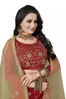 Red Embroidered Art Silk Semi Stitched Lehenga
