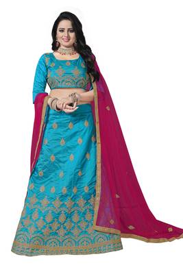 Sky-Blue Embroidered Art Silk Semi Stitched Lehenga 1