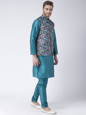 Multicolor Cotton 3Pcs Kurta Pajama Waistcoat 3