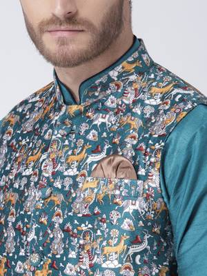 Multicolor Cotton 3Pcs Kurta Pajama Waistcoat 5