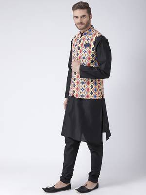 Multicolor Cotton 3Pcs Kurta Pajama Waistcoat 2