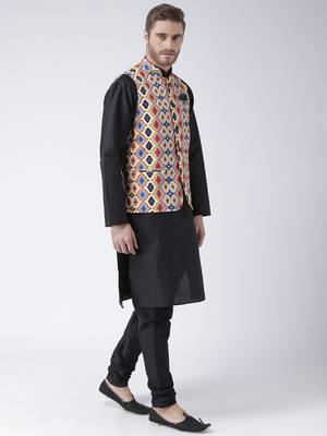 Multicolor Cotton 3Pcs Kurta Pajama Waistcoat 3