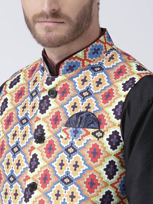 Multicolor Cotton 3Pcs Kurta Pajama Waistcoat 5