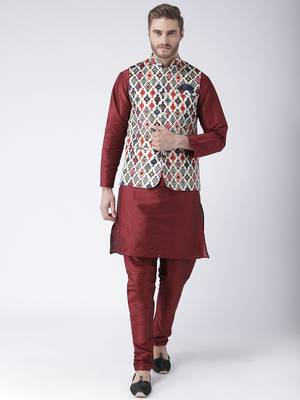 Multicolor Cotton 3Pcs Kurta Pajama Waistcoat 1