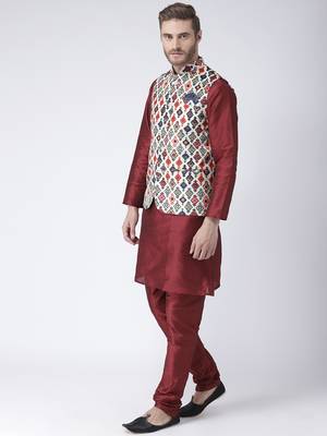 Multicolor Cotton 3Pcs Kurta Pajama Waistcoat 2