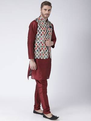 Multicolor Cotton 3Pcs Kurta Pajama Waistcoat 3