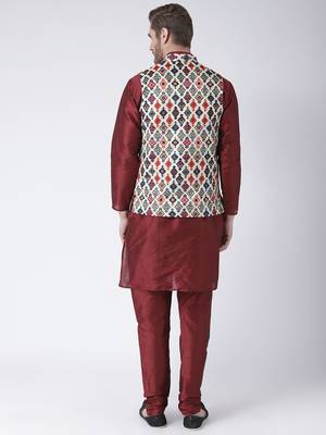 Multicolor Cotton 3Pcs Kurta Pajama Waistcoat 4