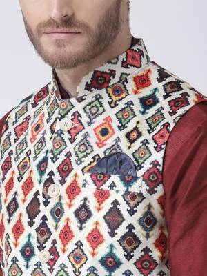 Multicolor Cotton 3Pcs Kurta Pajama Waistcoat 5