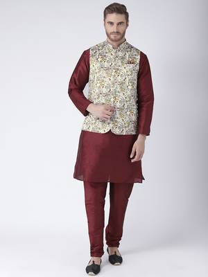 Multicolor Cotton 3Pcs Kurta Pajama Waistcoat 1