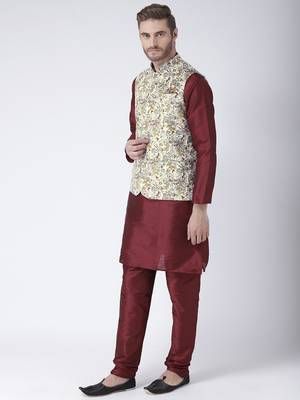 Multicolor Cotton 3Pcs Kurta Pajama Waistcoat 2