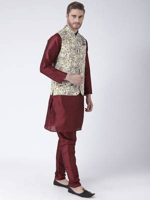 Multicolor Cotton 3Pcs Kurta Pajama Waistcoat 3