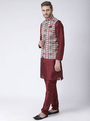 Multicolor Cotton 3Pcs Kurta Pajama Waistcoat 2