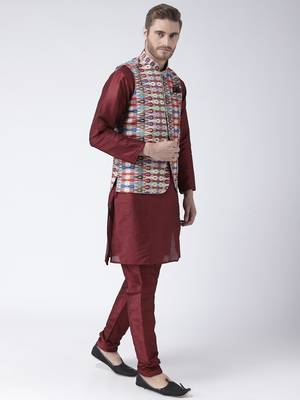Multicolor Cotton 3Pcs Kurta Pajama Waistcoat 3