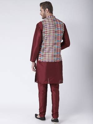 Multicolor Cotton 3Pcs Kurta Pajama Waistcoat 4
