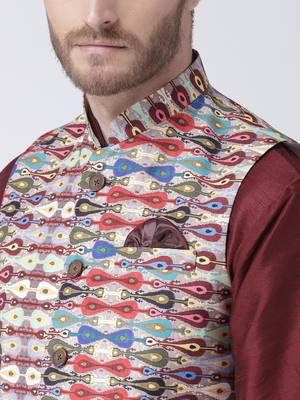 Multicolor Cotton 3Pcs Kurta Pajama Waistcoat 5
