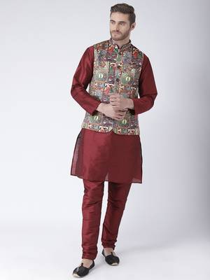 Multicolor Cotton 3Pcs Kurta Pajama Waistcoat 1