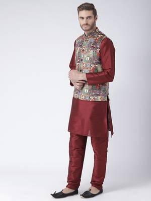 Multicolor Cotton 3Pcs Kurta Pajama Waistcoat 2