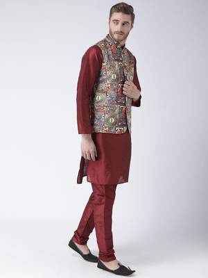 Multicolor Cotton 3Pcs Kurta Pajama Waistcoat 3