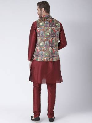 Multicolor Cotton 3Pcs Kurta Pajama Waistcoat 4