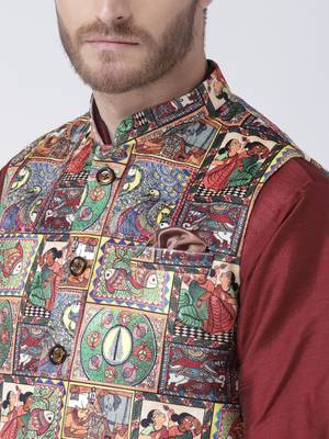 Multicolor Cotton 3Pcs Kurta Pajama Waistcoat 5