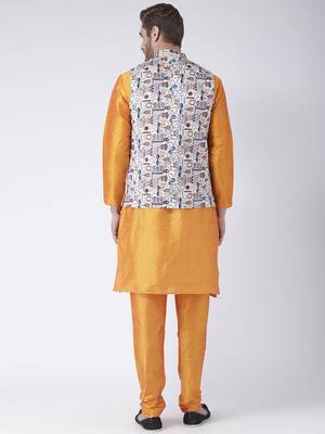 Multicolor Cotton 3Pcs Kurta Pajama Waistcoat 4