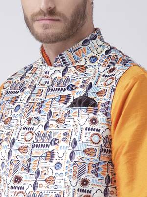Multicolor Cotton 3Pcs Kurta Pajama Waistcoat 5