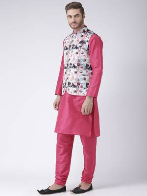 Multicolor Cotton 3Pcs Kurta Pajama Waistcoat 2