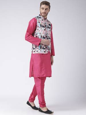 Multicolor Cotton 3Pcs Kurta Pajama Waistcoat 3