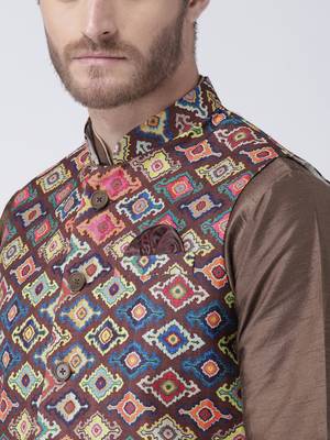 Multicolor Cotton 3Pcs Kurta Pajama Waistcoat 3