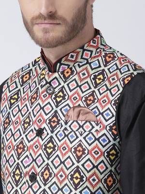 Multicolor Cotton 3Pcs Kurta Pajama Waistcoat 5