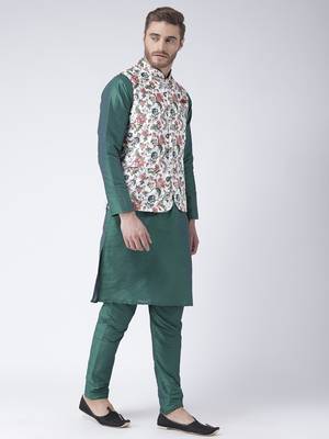 Multicolor Cotton 3Pcs Kurta Pajama Waistcoat 3